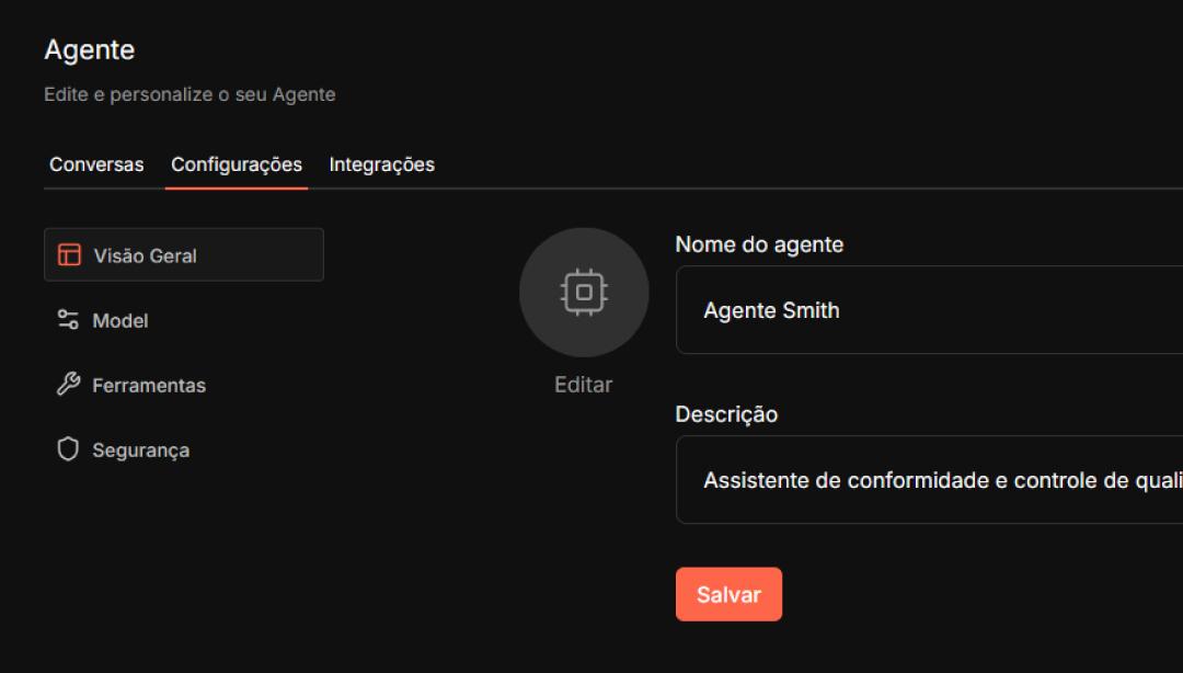 Dashboard de personalização dos Agentes