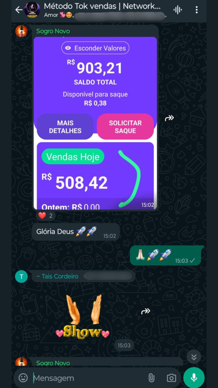 Resultado do aluno aplicando a técnica de venda 100% orgânica de venda no TikTok