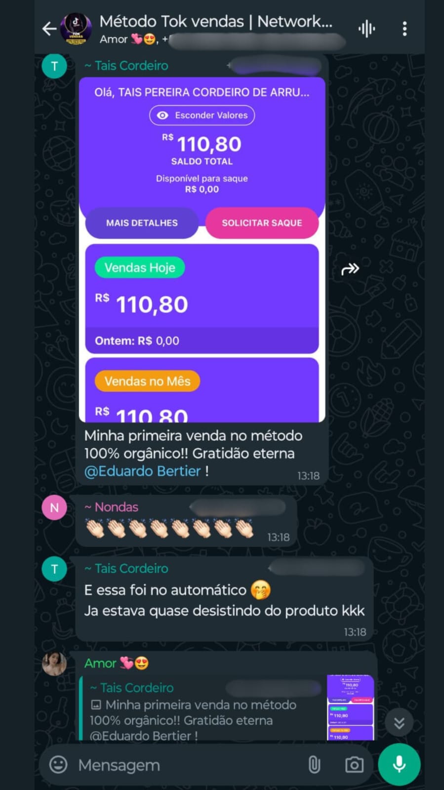 Resultado do aluno aplicando a técnica de venda 100% orgânica de venda no TikTok